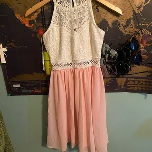 White lace pink pleated baby doll dress